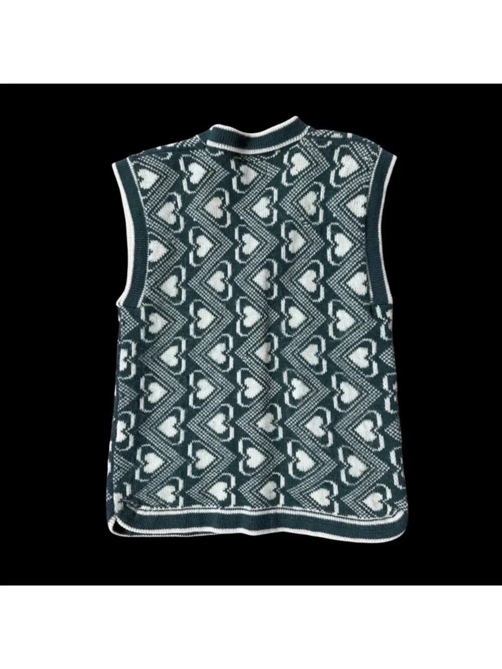 Vintage Sweater Vest Green White Hearts Romantic Cottage Button Up Shirt Retro - Picture 3 of 7